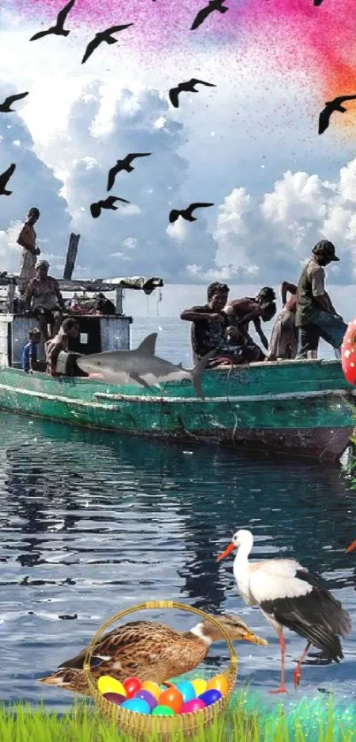 Surreal artwork of a fishing boat with sea creatures and vibrant skies.