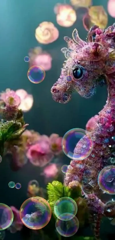 Dreamy seahorse underwater scene with bubbles and flowers.