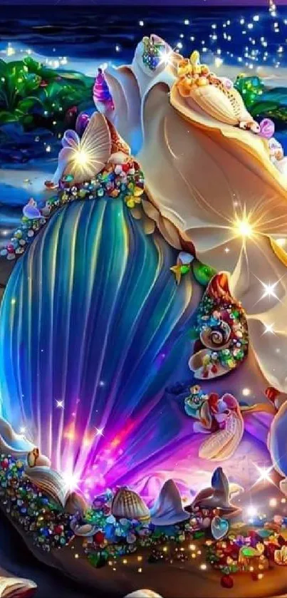 Colorful seashell fantasy art on a vibrant coastal background.