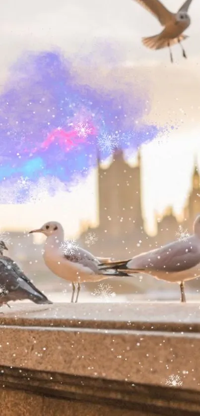 Seagulls perched with a cosmic sky backdrop displaying a mystical urban scene.