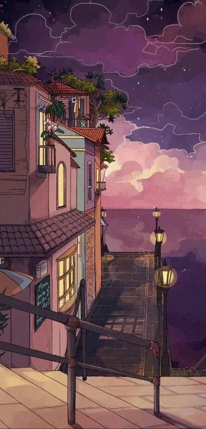 Dreamy evening seaside scene with purple skies and whimsical architecture.