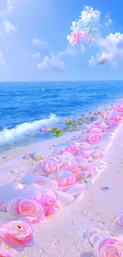 Pink roses on a serene beach with blue ocean waves under a clear sky.