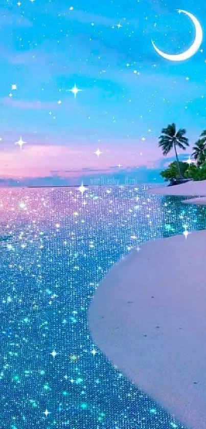 Dreamy night beach with crescent moon and sparkling sea in vibrant blue.