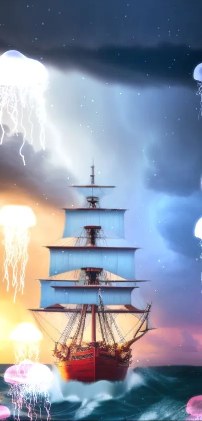 Colorful fantasy wallpaper with ship and jellyfish under a mystical sky.