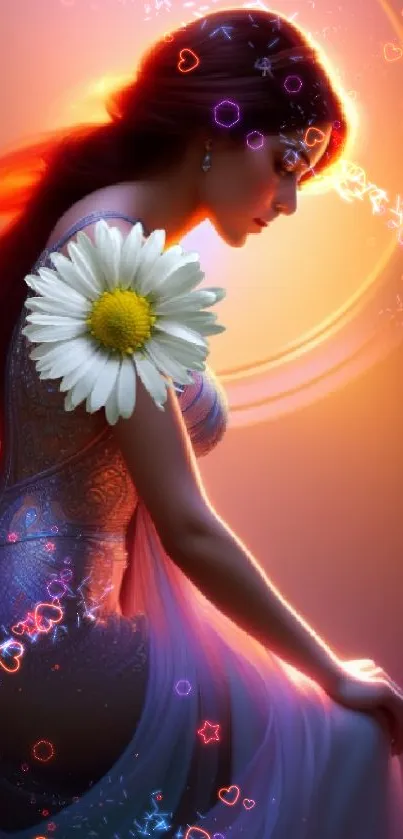 Silhouette with a glowing daisy in vibrant colors.