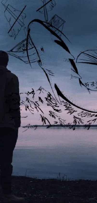 Silhouette by water with artistic sky illustration.