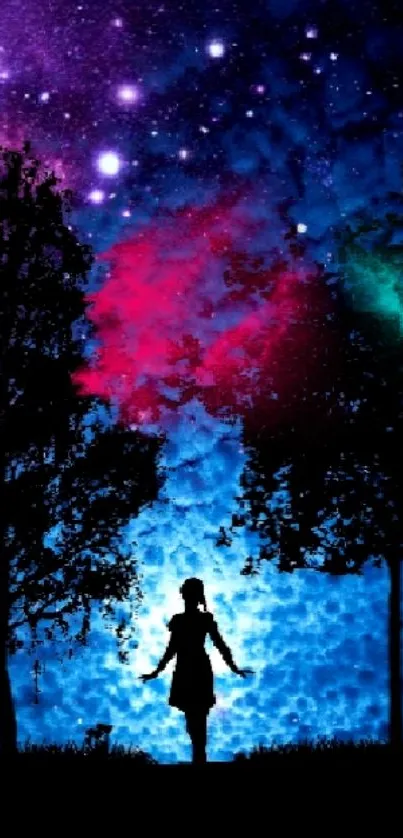 Silhouette of a girl under a vibrant starlit sky.