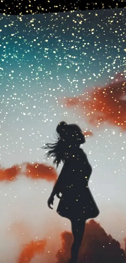 Silhouette figure in dreamy night sky with stars and clouds.