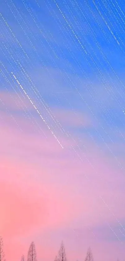 Mobile wallpaper of dreamy sky with star trails, pink clouds, and tree silhouettes.