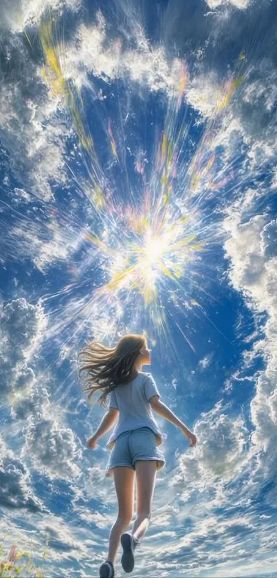 Girl floating towards radiant sky among clouds.