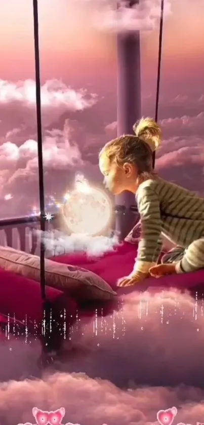 Child on swing in pink sky with glowing moon and clouds.