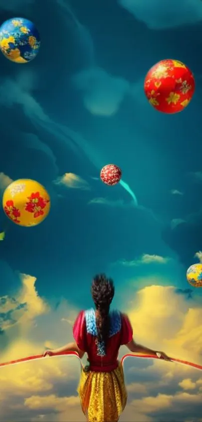 Surreal landscape with balloons against a vibrant blue sky, featuring a traditionally dressed figure.