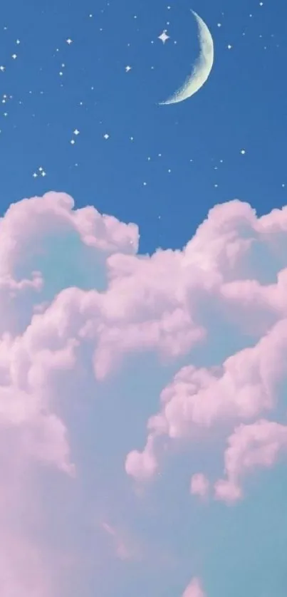 Dreamy pink clouds under a starry blue sky with a crescent moon.