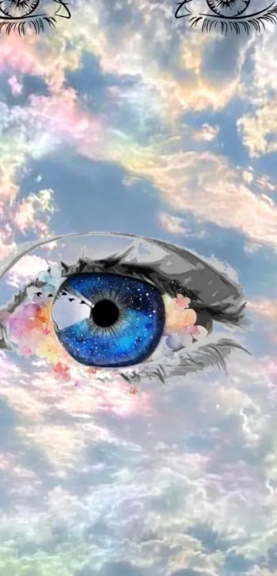 Cosmic blue eye with pastel clouds wallpaper.