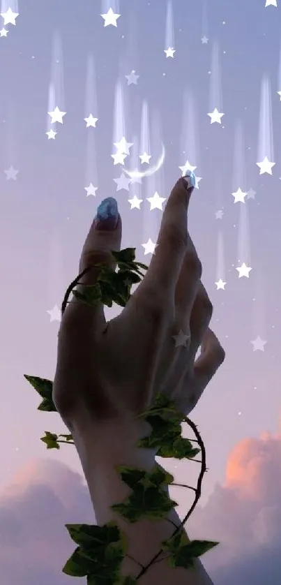 Hand reaching for crescent moon in pastel lavender sky with vines.