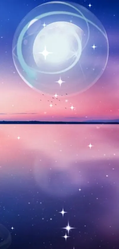 Dreamy sky with orb and stars over a tranquil lake.