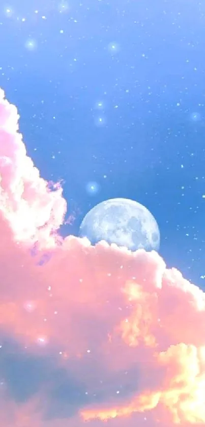 Dreamy sky with a moon and vibrant clouds wallpaper.