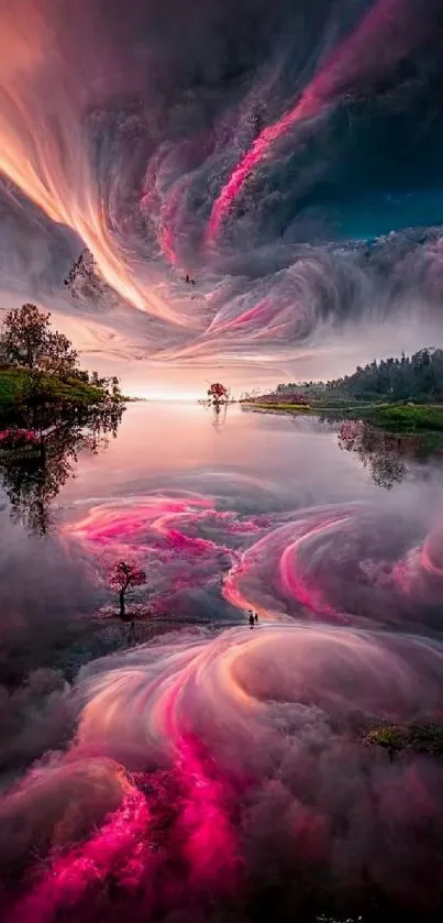 Surreal pink and purple clouds reflected in a calm lake, creating a dreamy atmosphere.