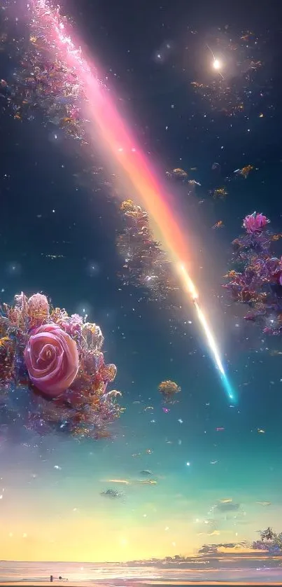 A dreamy night sky with a shooting star and floating roses.