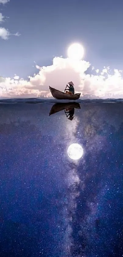 Serene boat on ocean with starry sky reflection in mobile wallpaper.