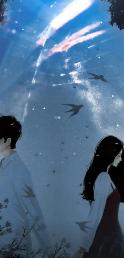 Anime couple silhouetted under a dreamy blue sky with birds flying.