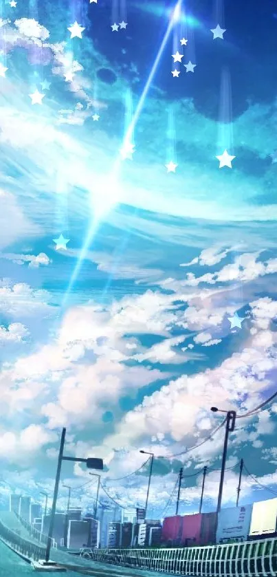 Anime style dreamy sky scene with clouds and vibrant colors.