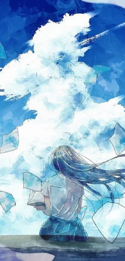 Anime girl underneath a blue sky with floating papers.