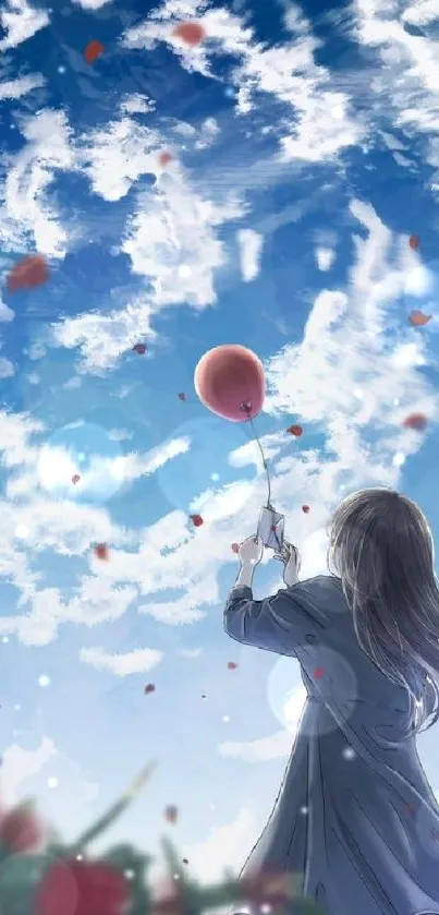 Anime girl with balloon under a blue sky.