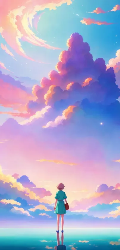 Anime character gazing at vibrant pastel sky and clouds.