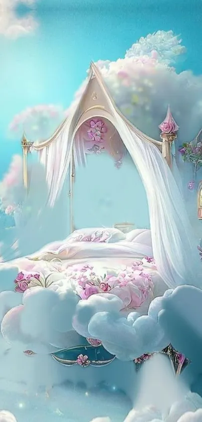 A dreamy bed among clouds in a sky blue background.