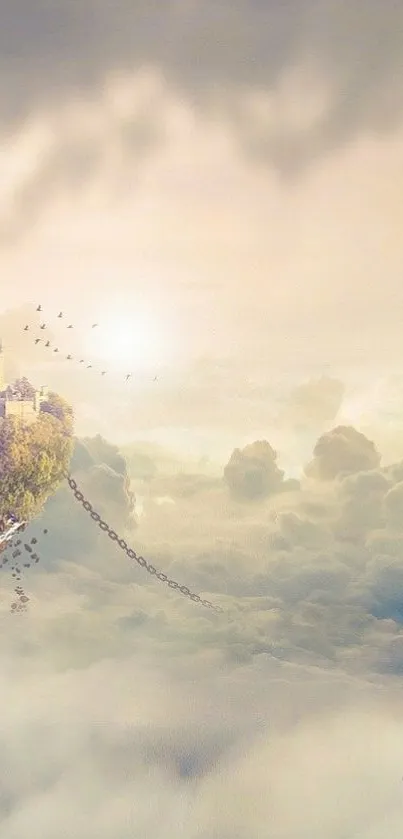 Floating castle amidst cloudy sky scenery with ethereal ambiance.