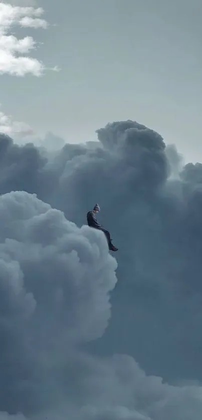 Person sitting on fluffy clouds against a blue-gray sky.