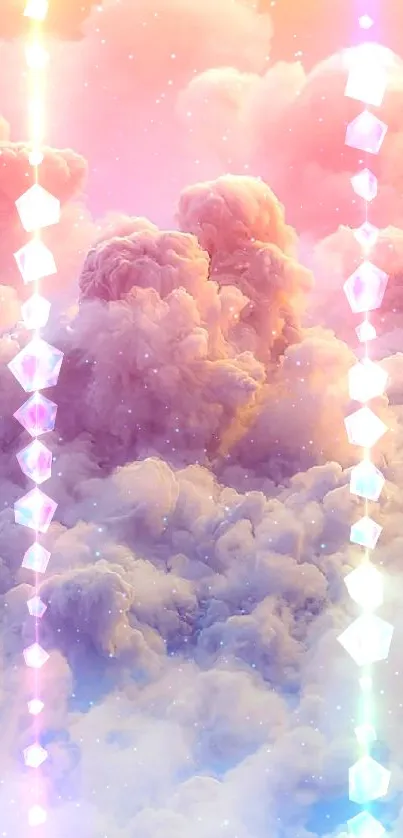 Dreamy clouds in pink and lavender hues fill the sky, perfect for a phone wallpaper.