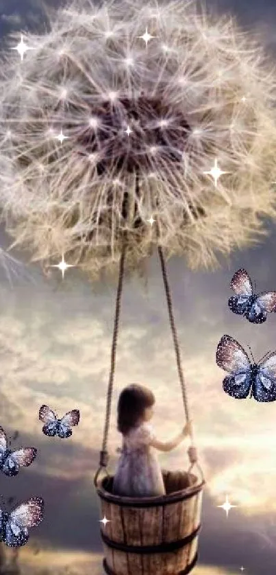 Child in basket with dandelion and butterflies in dreamy sky.