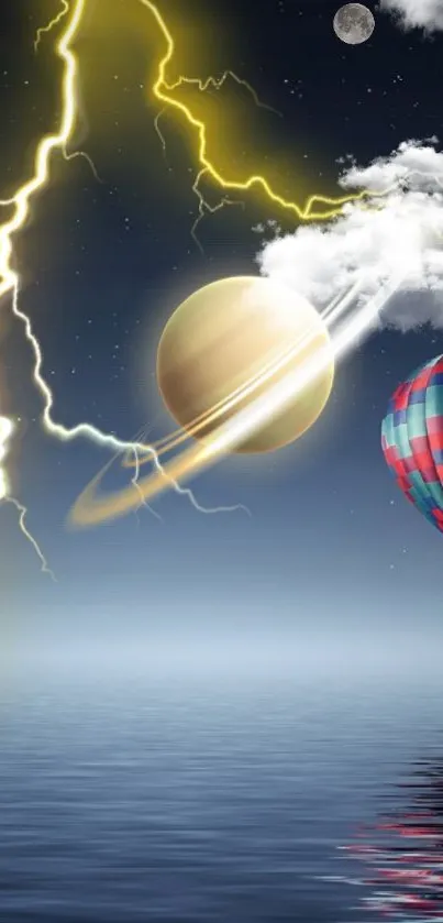 Fantasy wallpaper with lightning, planet, and a hot air balloon over water.