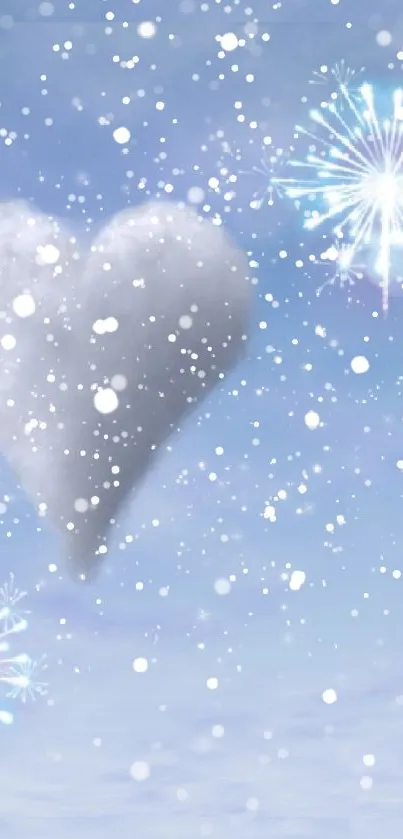 Fluffy heart-shaped cloud with fireworks against a blue sky backdrop.