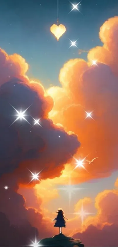 Dreamy sky with a shining heart and vibrant clouds.