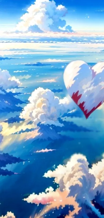 A heart-shaped cloud floats in a clear blue sky with surreal cloud formations.