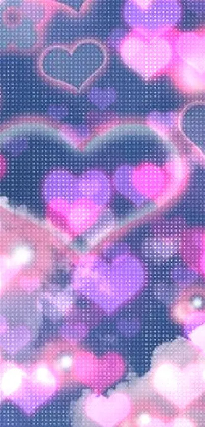 Dreamy blue and pink heart-themed wallpaper with clouds.