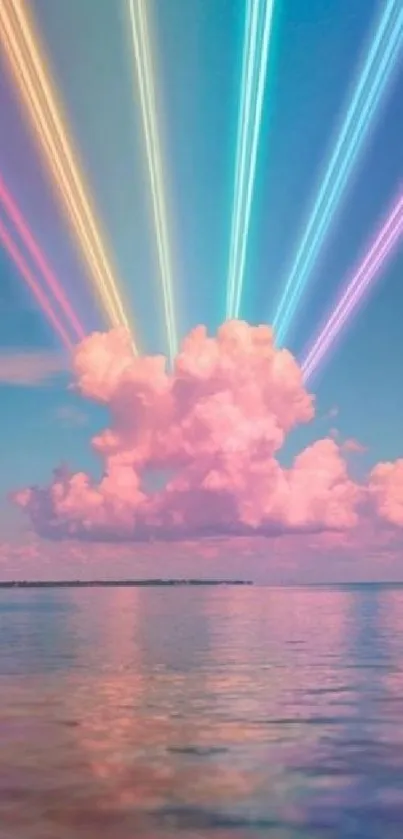 Colorful light beams over fluffy clouds above calm ocean waters.