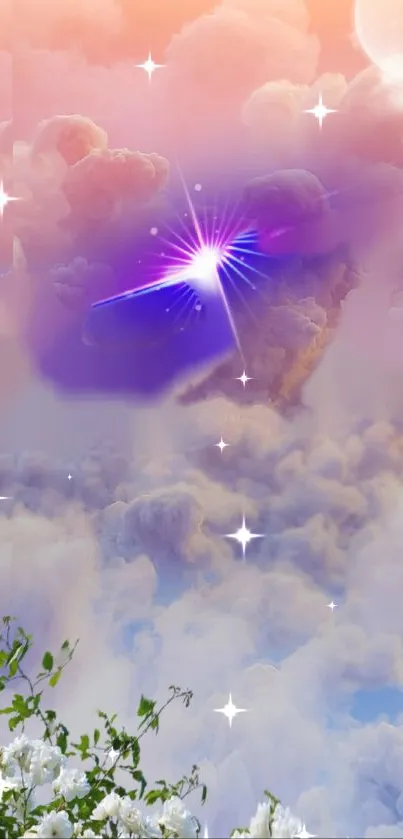 Dreamy sky wallpaper with clouds and stars.