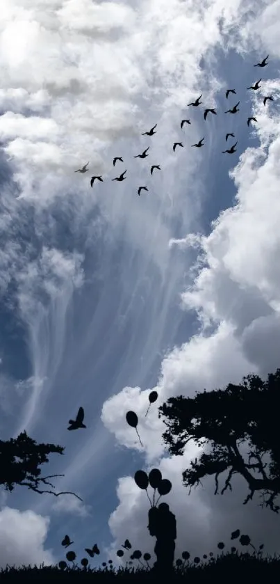 Silhouette artwork with clouds and birds over a beautiful sky.