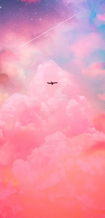 Airplane flying through pink clouds in a starry sky.