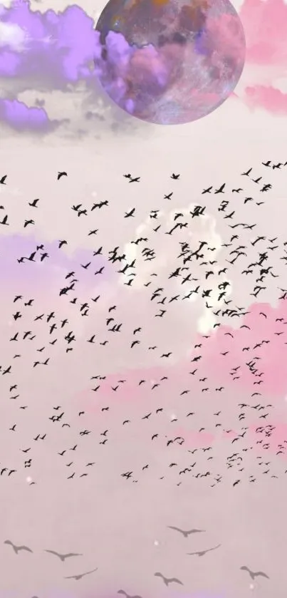 Dreamy pastel sky with moon and birds.