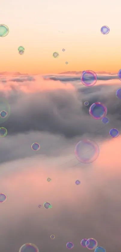 Dreamy sunset sky with bubbles floating in soft pink clouds.