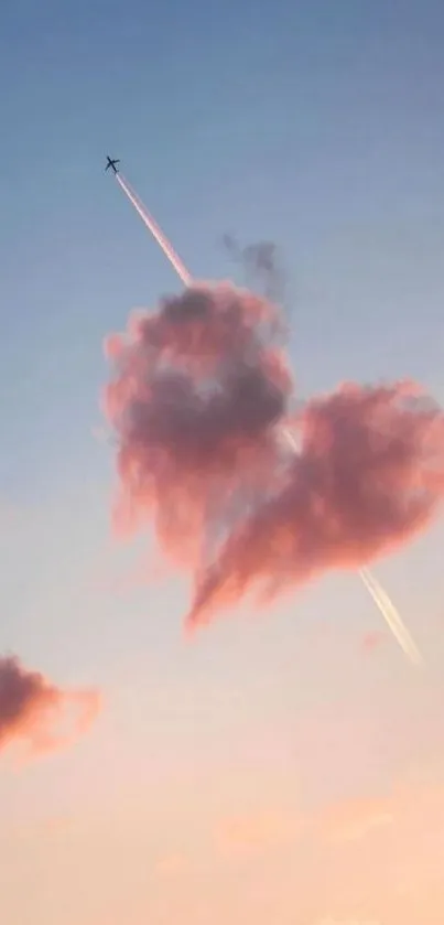 Heart-shaped pink cloud with jet in pastel sunset sky.