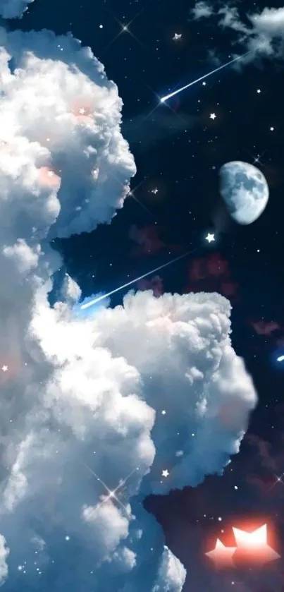 Dreamy night sky with clouds, stars, and moon.