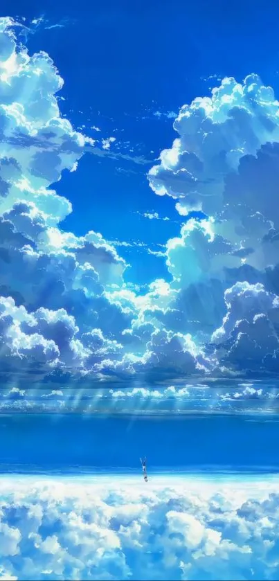 Dreamy blue sky with fluffy clouds wallpaper.