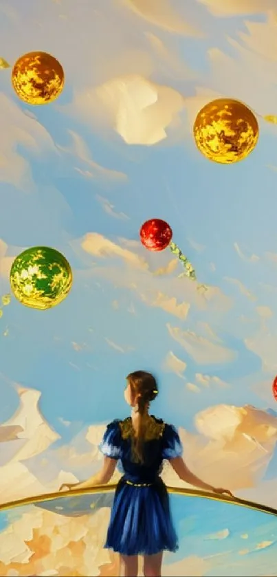 Dreamy sky wallpaper with colorful orbs and a girl gazing upward.