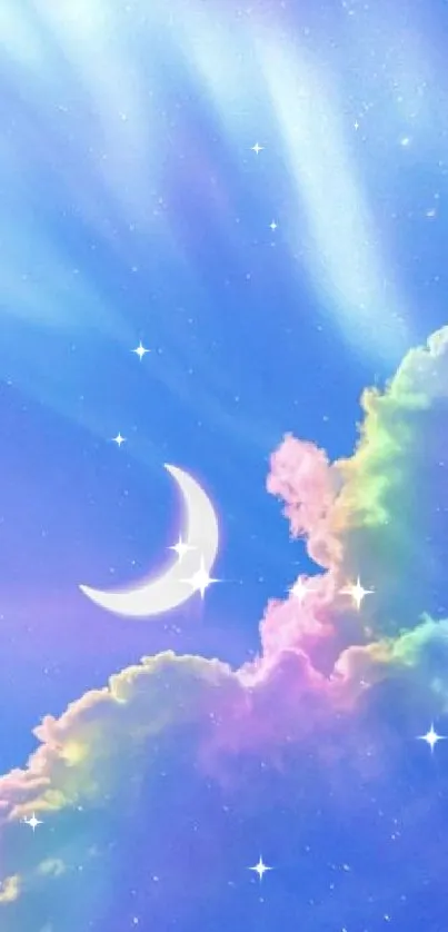 Colorful sky with crescent moon and clouds in a dreamy wallpaper design.